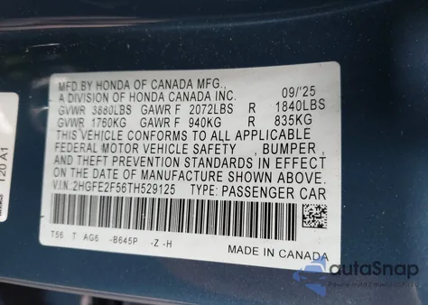 2026 Honda Civic Sport z USA, uszkodzony, nr VIN 2HGFE2F56TH529125